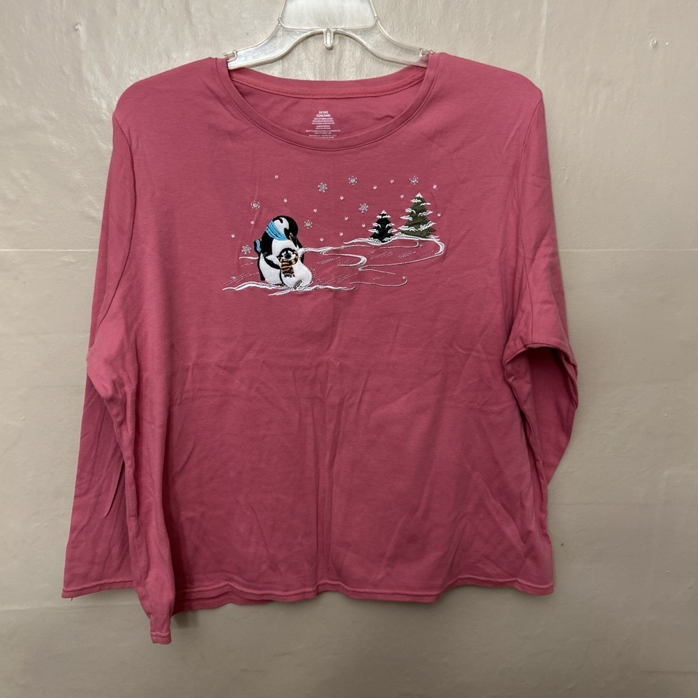 Holiday 3X Pink Knit Long‎ Sleeve Christmas Penguin's Trees Top